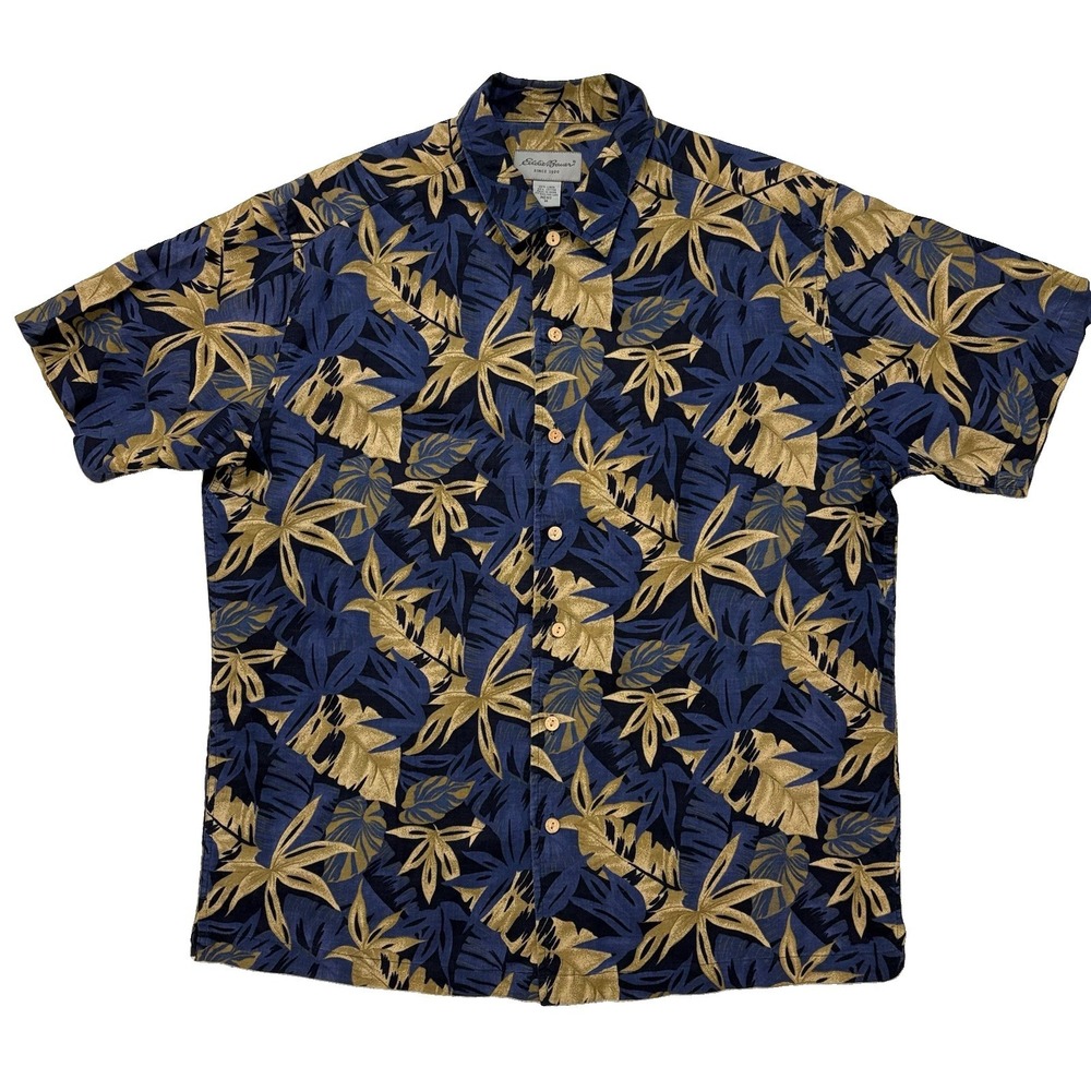 Eddie Bauer Hawaiian Shirt Mens Size Medium Floral Blue Linen Blend Aloha Beach